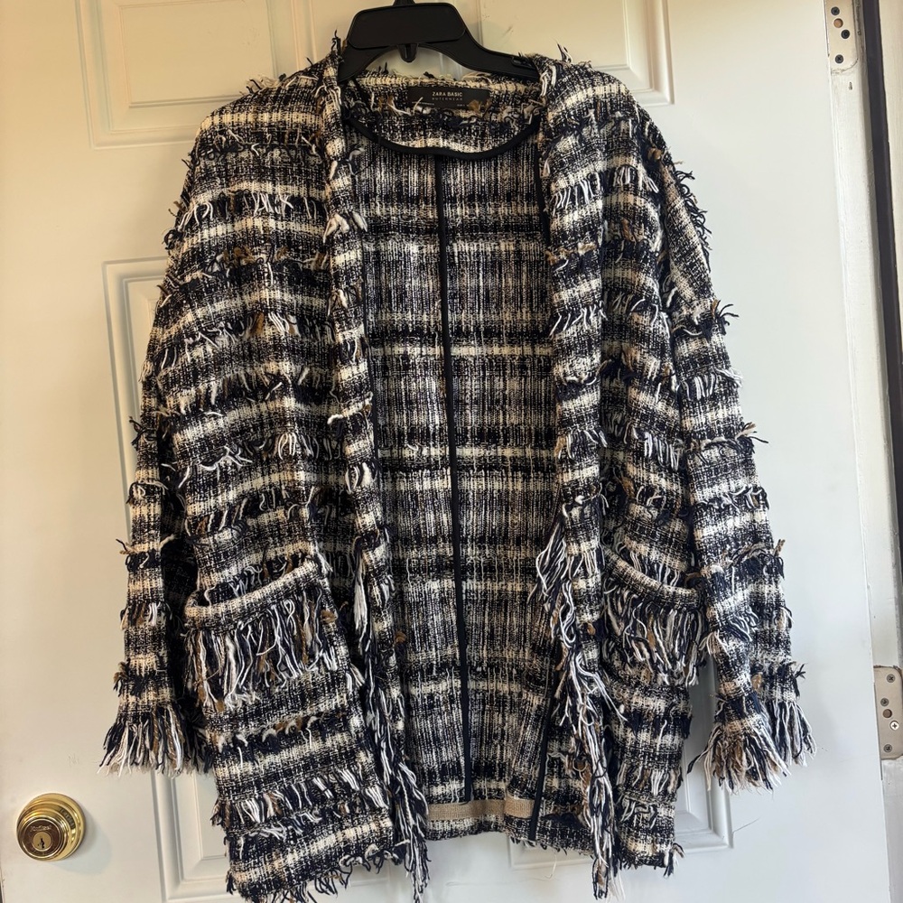 Zara Basic Navy/White/Beige Tweed Frayed Fringed Open Jacket, Size Small